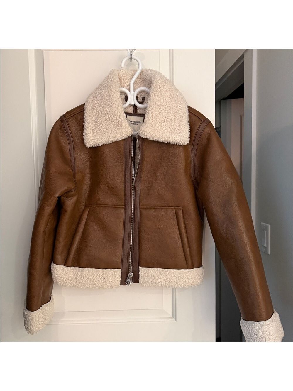 Abercrombie & Fitch Brown Leather Jacket with Cream Shearling